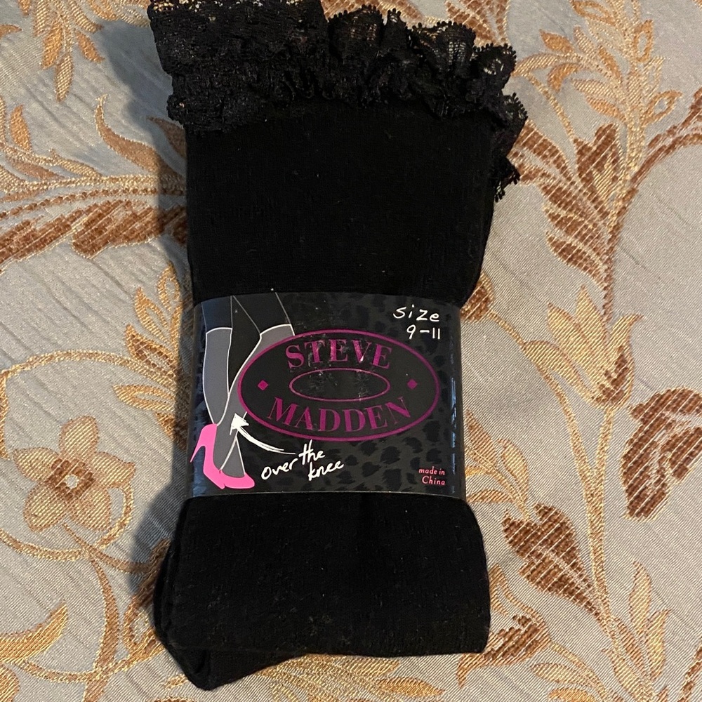 ♣️NWT Steve Madden Black Lace Trim Over the Knee Socks: 9-11 - Picture 2 of 6